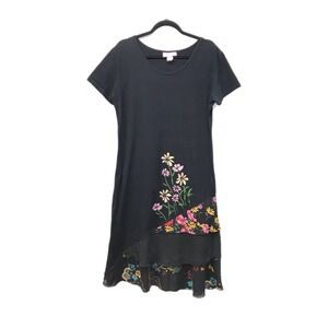 Vtg Crazy Fish Womens L Dress Lagenlook Artsy Beachy Black Boho Ruffle Floral
